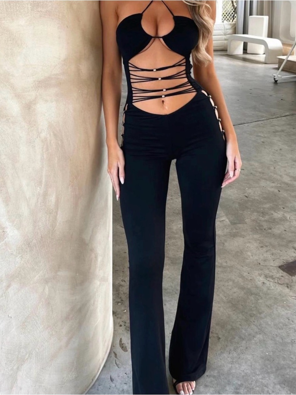 Black Strappy Cutout Lace-Up Jumpsuit